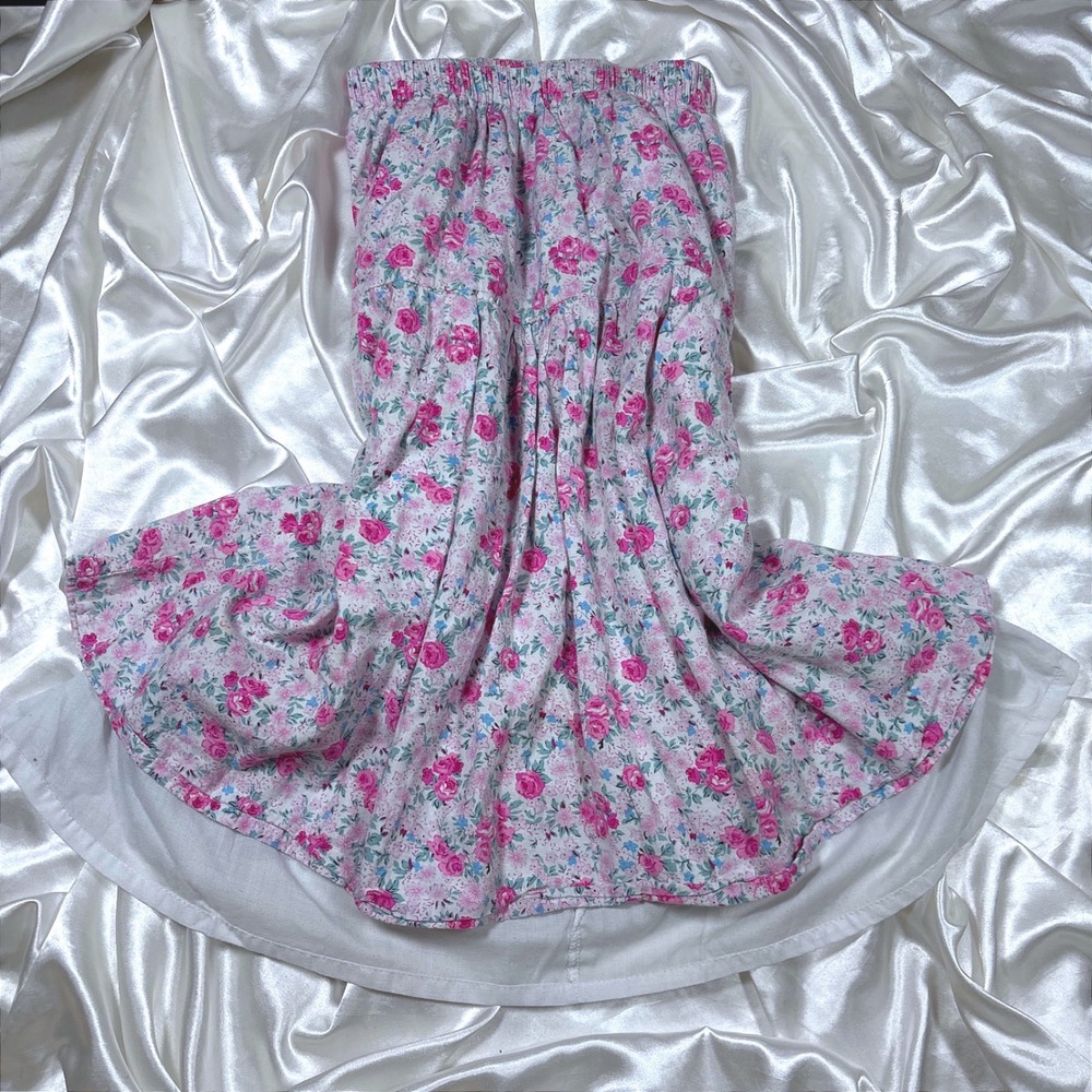 Vintage Wela Floral Tiered Midi Skirt Pink White Excellent Cottagecore Prairie